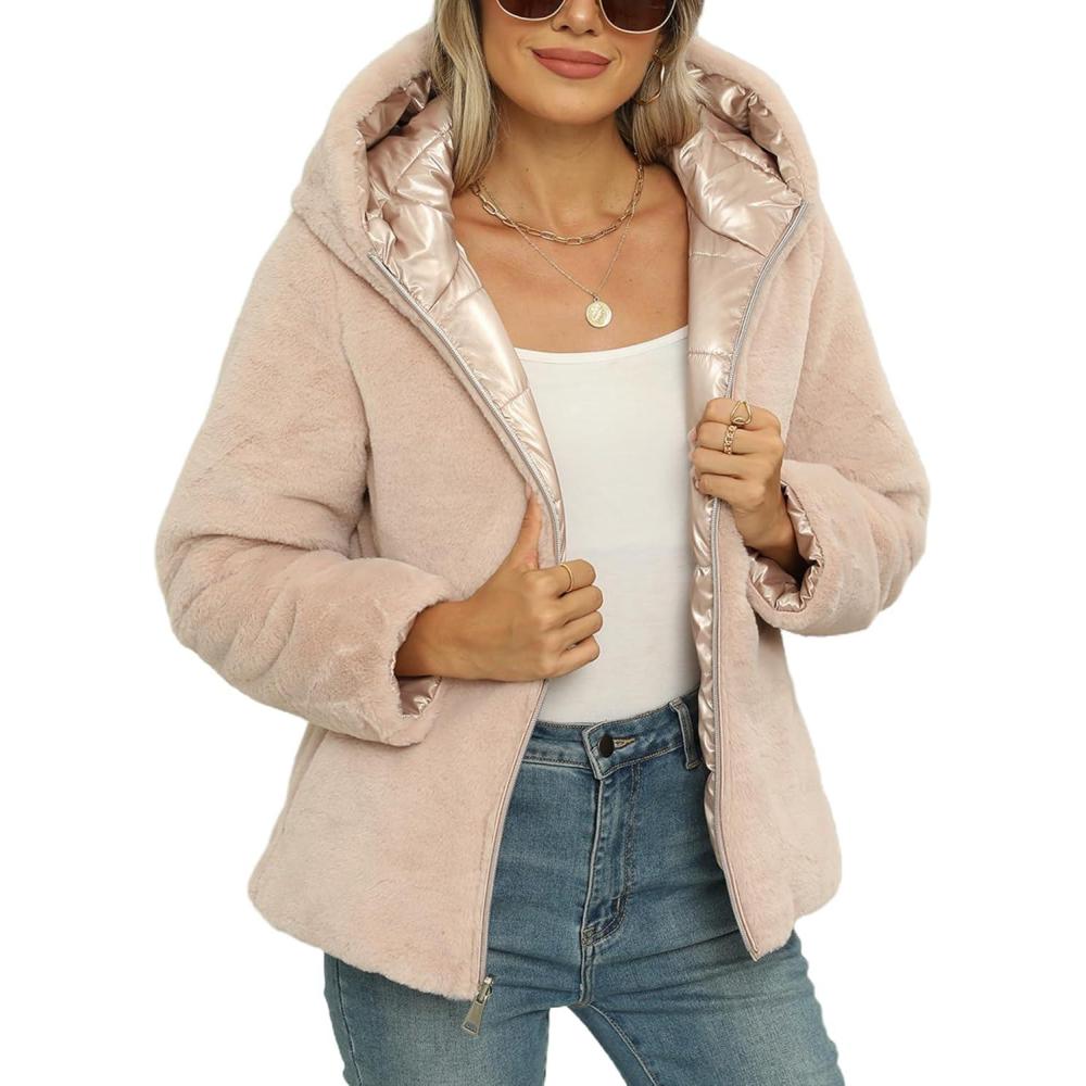 imageBellivera Women Reversible Faux Fur and Glossy Jackets WaterResistant Hooded Puffer CoatPink