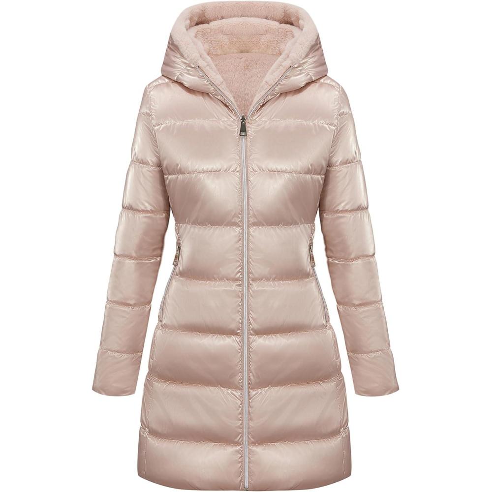 imageBellivera Women Reversible Faux Fur and Glossy Jackets WaterResistant Hooded Puffer CoatPink Long