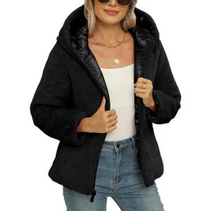 imageBellivera Women Reversible Faux Fur and Glossy Jackets WaterResistant Hooded Puffer CoatBlack
