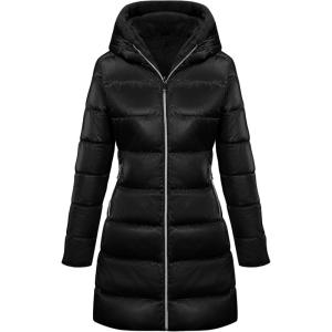 imageBellivera Women Reversible Faux Fur and Glossy Jackets WaterResistant Hooded Puffer CoatBlack Long