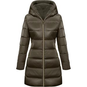 imageBellivera Women Reversible Faux Fur and Glossy Jackets WaterResistant Hooded Puffer CoatBrown Long