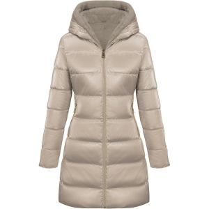 imageBellivera Women Reversible Faux Fur and Glossy Jackets WaterResistant Hooded Puffer CoatGold Long