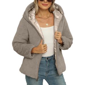 imageBellivera Women Reversible Faux Fur and Glossy Jackets WaterResistant Hooded Puffer CoatLight Gold