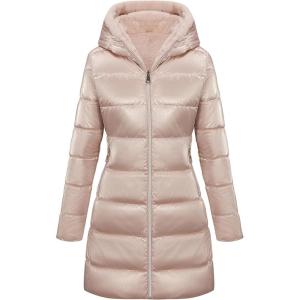 imageBellivera Women Reversible Faux Fur and Glossy Jackets WaterResistant Hooded Puffer CoatPink Long