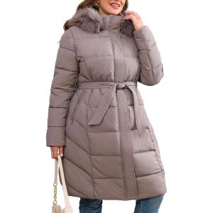 imageGeschallino Women Puffer Jacket Plus Size Long Parka Belted Winter Warm Hood CoatDapricot