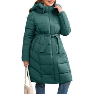 imageGeschallino Women Puffer Jacket Plus Size Long Parka Belted Winter Warm Hood CoatGreen
