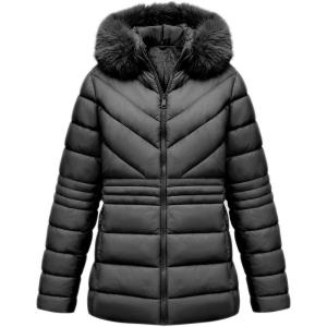 imageBellivera Womens Winter Thickened Quilted Puffer Jacket Zipper Pockets Bubble Coat with Removable Hood and Faux Fur CollarBlack