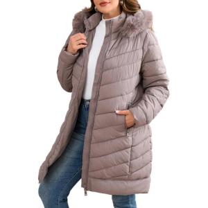 imageBellivera Womens Winter Thickened Quilted Puffer Jacket Zipper Pockets Bubble Coat with Removable Hood and Faux Fur CollarDeep Apricot Puffer Plus