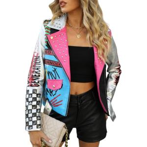image:imageBellivera Faux Leather Jacket for Women Studded Rivet Floral Moto Biker Short Lapel CoatSliver Blue Pink