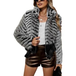 image:imageBellivera Womens Faux Fur Leather Jacket Fleece Cropped Warm Fluffy Coat Soft Zip OuterwearGrey Belted Jacket