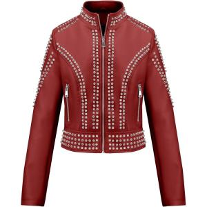 image:imageBellivera Womens Faux Leather Jacket Studded Rivet Casual Short Moto Biker Stand Collar CoatStand Collar Red