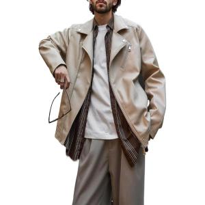 image:imageBellivera Mens Faux Leather Jacket Vintage Moto Biker Jacket Streetwear Coat with Zipper Pockets and Notch LapelBeige