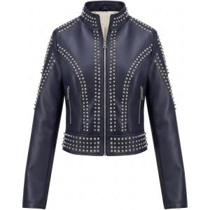 image:imageBellivera Womens Faux Leather Moto Jacket Studded Rivet Casual Short Slim Biker Punk CoatStand Collar Deep Blue