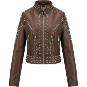 image:imageBellivera Womens Faux Leather Moto Jacket Studded Rivet Casual Short Slim Biker Punk CoatStand Collar Deep Brown
