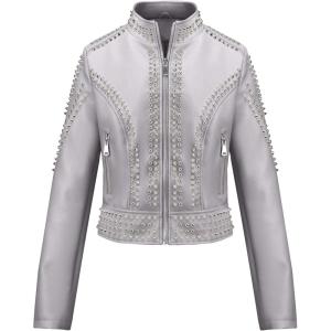 image:imageBellivera Womens Faux Leather Moto Jacket Studded Rivet Casual Short Slim Biker Punk CoatStand Collar Gray
