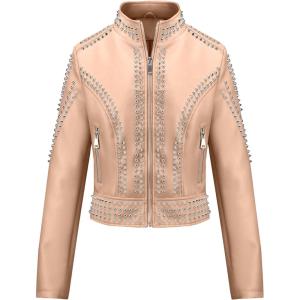 image:imageBellivera Womens Faux Leather Moto Jacket Studded Rivet Casual Short Slim Biker Punk CoatStand Collar Khaki