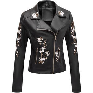 image:imageBellivera Womens Faux Leather Embroidered Casual Lapel Jacket Floral Lightweight Moto Biker Coat for Spring FallBlack