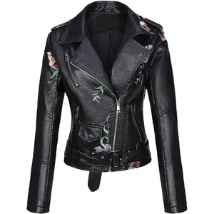 image:imageBellivera Womens Faux Leather Embroidered Casual Lapel Jacket Floral Lightweight Moto Biker Coat for Spring FallBlack Embroidered Jacket
