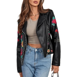 image:imageBellivera Womens Faux Leather Embroidered Casual Lapel Jacket Floral Lightweight Moto Biker Coat for Spring FallBlack Floral Jacket