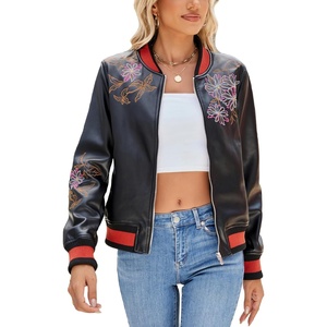 image:imageBellivera Womens Faux Leather Embroidered Casual Lapel Jacket Floral Lightweight Moto Biker Coat for Spring FallBlack Floral Motorcycle Coat