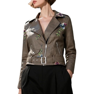 image:imageBellivera Womens Faux Leather Embroidered Casual Lapel Jacket Floral Lightweight Moto Biker Coat for Spring FallBrown Embroidered Jacket