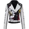 image:imageBellivera Faux Leather Jacket for Women Floral Moto Short Coat  Vegan Spring Fall Belted Streetwear with Punk Graffiti Graphic Print Notched Studded Lapel Asymmetrical zip For ConcertWhite