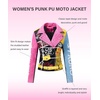 image:imageBellivera Faux Leather Jacket for Women Floral Moto Short Coat  Vegan Spring Fall Belted Streetwear with Punk Graffiti Graphic Print Notched Studded Lapel Asymmetrical zip For ConcertPink Blue