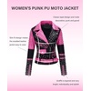 image:imageBellivera Faux Leather Jacket for Women Floral Moto Short Coat  Vegan Spring Fall Belted Streetwear with Punk Graffiti Graphic Print Notched Studded Lapel Asymmetrical zip For ConcertPink Black
