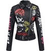 image:imageBellivera Faux Leather Jacket for Women Floral Moto Short Coat  Vegan Spring Fall Belted Streetwear with Punk Graffiti Graphic Print Notched Studded Lapel Asymmetrical zip For ConcertBlack