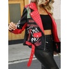 image:imageBellivera Faux Leather Jacket for Women Floral Moto Short Coat  Vegan Spring Fall Belted Streetwear with Punk Graffiti Graphic Print Notched Studded Lapel Asymmetrical zip For ConcertBlack Red