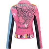 image:imageBellivera Faux Leather Jacket for Women Floral Moto Short Coat  Vegan Spring Fall Belted Streetwear with Punk Graffiti Graphic Print Notched Studded Lapel Asymmetrical zip For ConcertPink Blue
