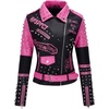image:imageBellivera Faux Leather Jacket for Women Floral Moto Short Coat  Vegan Spring Fall Belted Streetwear with Punk Graffiti Graphic Print Notched Studded Lapel Asymmetrical zip For ConcertPink Black