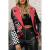 image:imageBellivera Faux Leather Jacket for Women Floral Moto Short Coat  Vegan Spring Fall Belted Streetwear with Punk Graffiti Graphic Print Notched Studded Lapel Asymmetrical zip For ConcertBlack Red