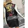 image:imageBellivera Faux Leather Jacket for Women Floral Moto Short Coat  Vegan Spring Fall Belted Streetwear with Punk Graffiti Graphic Print Notched Studded Lapel Asymmetrical zip For ConcertWhite