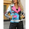 image:imageBellivera Faux Leather Jacket for Women Floral Moto Short Coat  Vegan Spring Fall Belted Streetwear with Punk Graffiti Graphic Print Notched Studded Lapel Asymmetrical zip For ConcertSliver Blue Pink