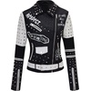 image:imageBellivera Faux Leather Jacket for Women Floral Moto Short Coat  Vegan Spring Fall Belted Streetwear with Punk Graffiti Graphic Print Notched Studded Lapel Asymmetrical zip For ConcertBlack White