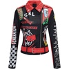 image:imageBellivera Faux Leather Jacket for Women Floral Moto Short Coat  Vegan Spring Fall Belted Streetwear with Punk Graffiti Graphic Print Notched Studded Lapel Asymmetrical zip For ConcertBlack Red