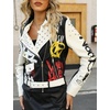 image:imageBellivera Faux Leather Jacket for Women Floral Moto Short Coat  Vegan Spring Fall Belted Streetwear with Punk Graffiti Graphic Print Notched Studded Lapel Asymmetrical zip For ConcertWhite