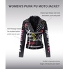 image:imageBellivera Faux Leather Jacket for Women Floral Moto Short Coat  Vegan Spring Fall Belted Streetwear with Punk Graffiti Graphic Print Notched Studded Lapel Asymmetrical zip For ConcertBlack