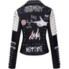 image:imageBellivera Faux Leather Jacket for Women Floral Moto Short Coat  Vegan Spring Fall Belted Streetwear with Punk Graffiti Graphic Print Notched Studded Lapel Asymmetrical zip For ConcertBlack White