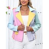 image:imageBellivera Womens Faux Leather ColorBlock Moto Zip Up Jacket  Regular Fit PU Shell Asymmetrical Zip Front ColorBlock Design Belted Waist Ideal for Streetwear and ConcertsMulticolor Jacket