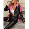 image:imageBellivera Womens Faux Leather ColorBlock Moto Zip Up Jacket  Regular Fit PU Shell Asymmetrical Zip Front ColorBlock Design Belted Waist Ideal for Streetwear and ConcertsBlack Pink Jacket
