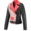 image:imageBellivera Womens Faux Leather ColorBlock Moto Zip Up Jacket  Regular Fit PU Shell Asymmetrical Zip Front ColorBlock Design Belted Waist Ideal for Streetwear and ConcertsBlackpink