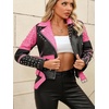 image:imageBellivera Womens Faux Leather ColorBlock Moto Zip Up Jacket  Regular Fit PU Shell Asymmetrical Zip Front ColorBlock Design Belted Waist Ideal for Streetwear and ConcertsBlack Pink Jacket