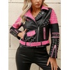 image:imageBellivera Womens Faux Leather ColorBlock Moto Zip Up Jacket  Regular Fit PU Shell Asymmetrical Zip Front ColorBlock Design Belted Waist Ideal for Streetwear and ConcertsBlack Pink Jacket