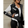 image:imageBellivera Womens Faux Leather ColorBlock Moto Zip Up Jacket  Regular Fit PU Shell Asymmetrical Zip Front ColorBlock Design Belted Waist Ideal for Streetwear and ConcertsWhite Black Jacket