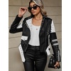 image:imageBellivera Womens Faux Leather ColorBlock Moto Zip Up Jacket  Regular Fit PU Shell Asymmetrical Zip Front ColorBlock Design Belted Waist Ideal for Streetwear and ConcertsWhite Black Jacket