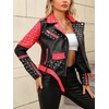 image:imageBellivera Womens Faux Leather ColorBlock Moto Zip Up Jacket  Regular Fit PU Shell Asymmetrical Zip Front ColorBlock Design Belted Waist Ideal for Streetwear and ConcertsRed Black Jacket