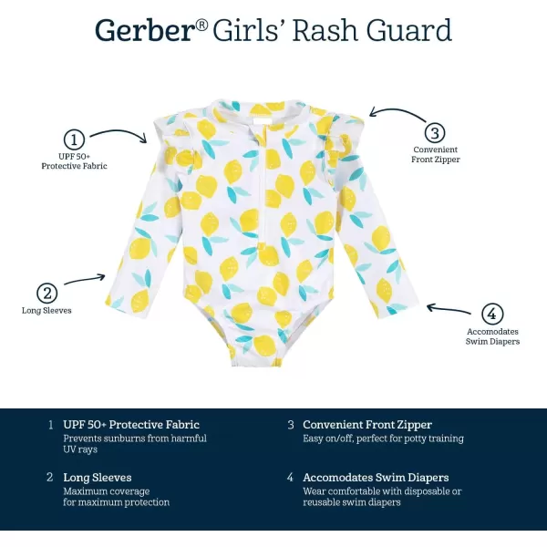 Gerber Girls' Toddler Long Sleeve One Piece Rashguard Swimsuit