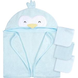 imageGerber Baby 4 Piece Animal Character Hooded Towel and Washcloth Set Brown Lion One SizeBlue Penguin